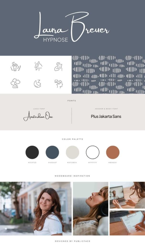 Styleguide von Laura Breuer mit Logo, Icon, Pattern, Farbcodes, Schriftarten und Fotografien